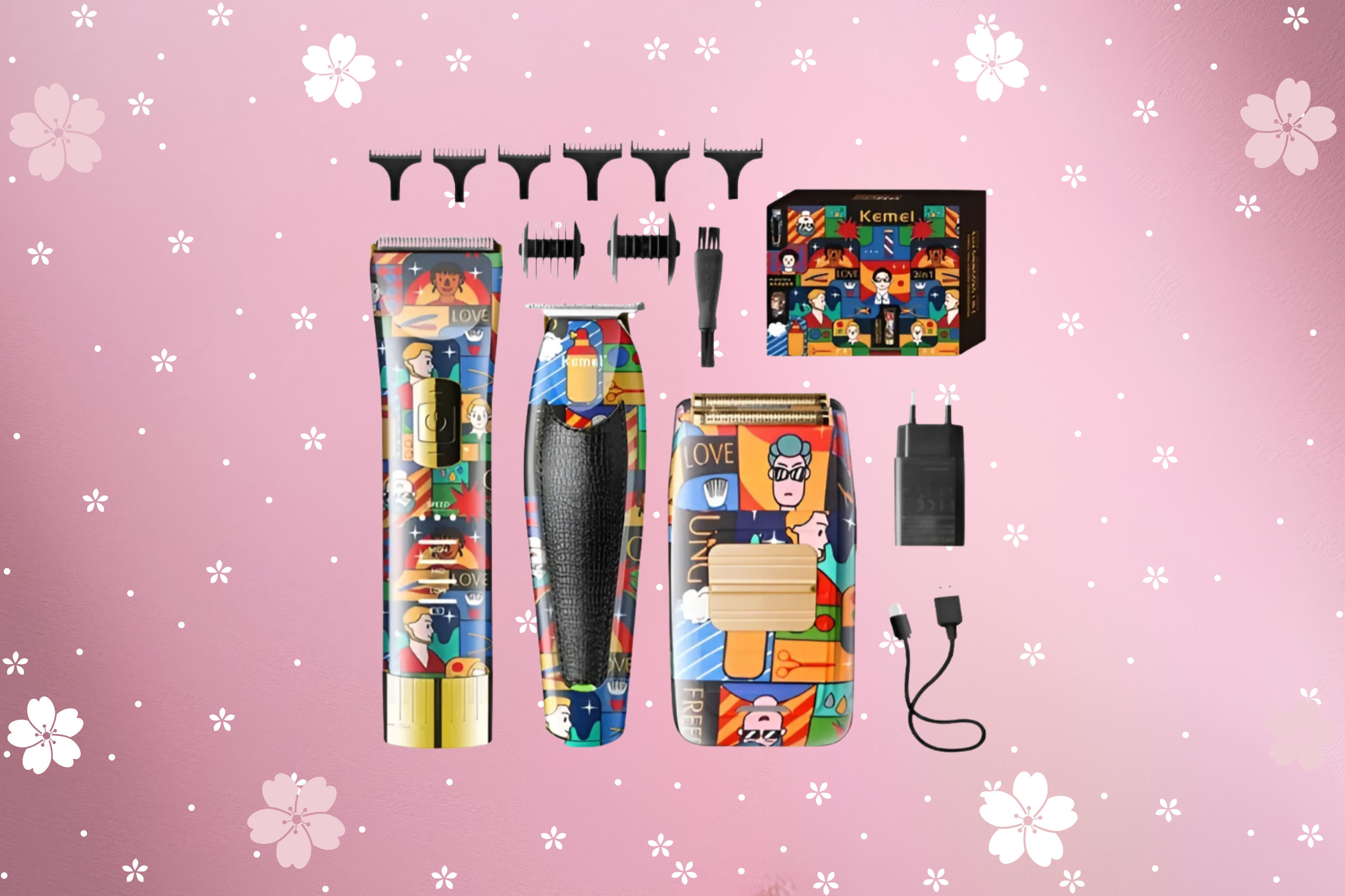 Kit 3 em 1 Máquina de Cortar Cabelo Profissional Kemei