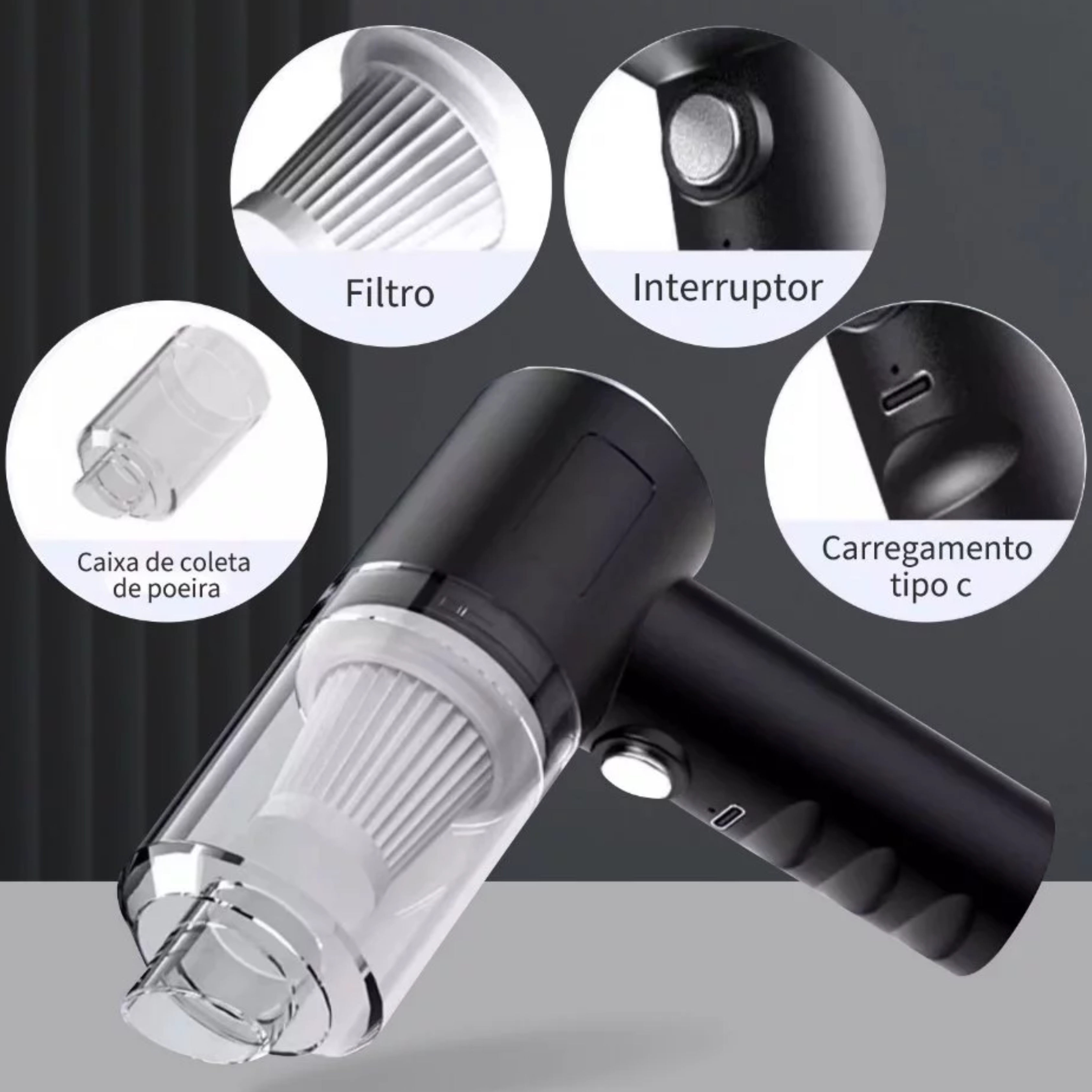 Mini Aspirador de Pó Portátil FE16 – Sem Fio, Recarregável e Potente