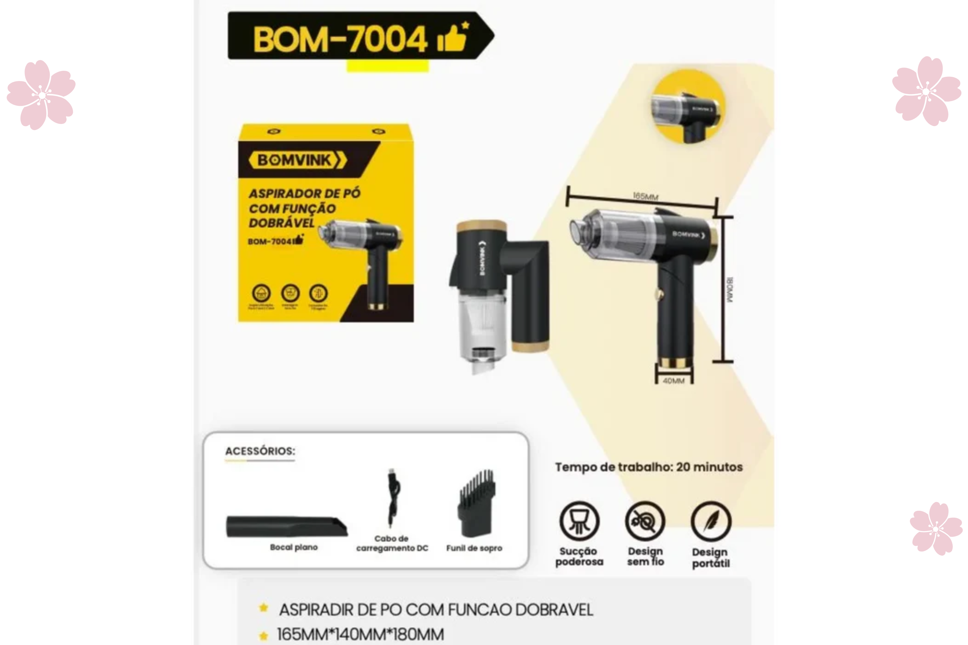 Aspirador de Pó Portátil Sem Fio BOM-7004 – Leve, Potente e Versátil